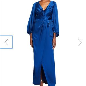 Aidan Mattox
Bishop-Sleeve Long Satin Wrap Dress